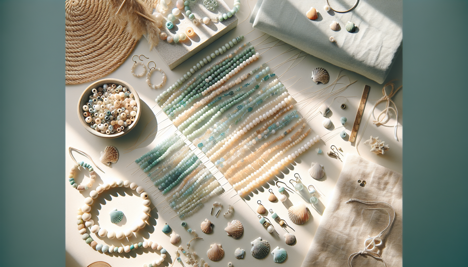Somrig flatlay av skandinaviskt smyckesbord med snäckformade tjeckiska glaspärlor i pastell, armband, örhängen och kustinspirerad rekvisita