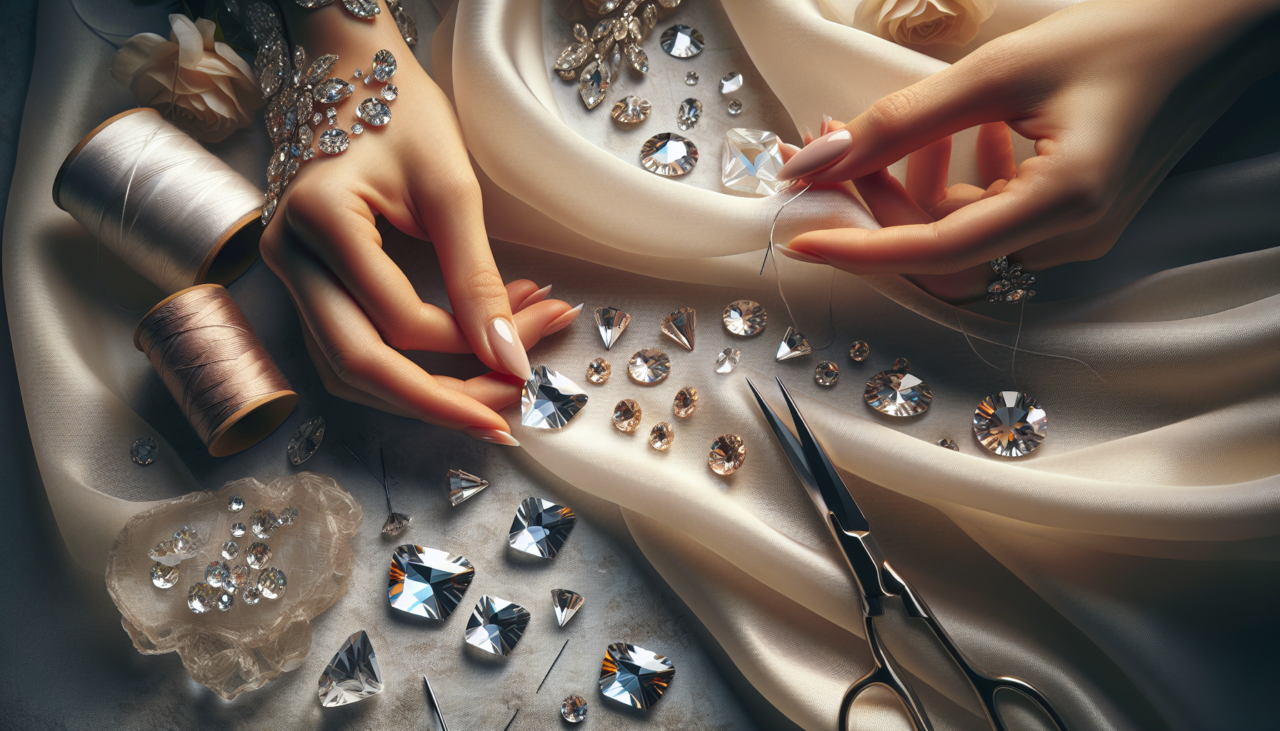 Hand syr Swarovski 3272 Trilliant sew-on sten på lyxigt tyg, närbild av gnistrande kristaller för DIY brudklänning från Hilmaspyssel.se