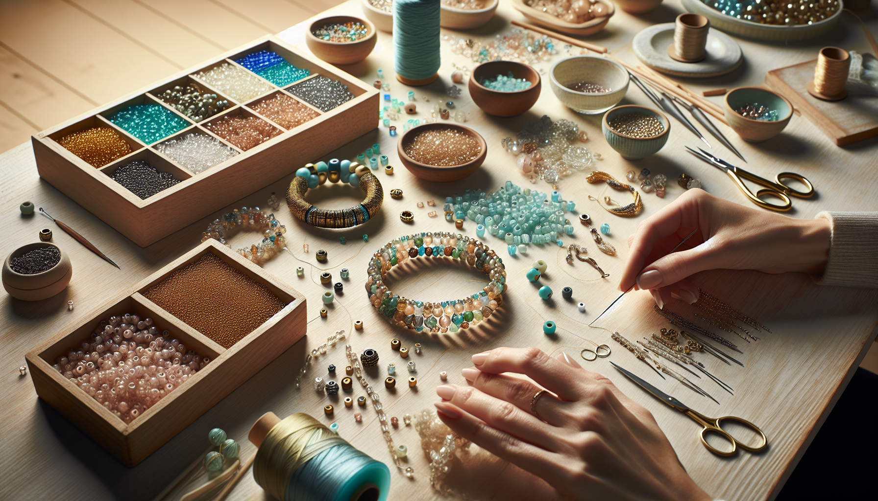 Närbild på smyckestillverkning med Ios® Par Puca® pärlor, tvåhåliga tjeckiska glaspärlor, verktyg och tråd på ljust träbord hos Hilmaspyssel.se