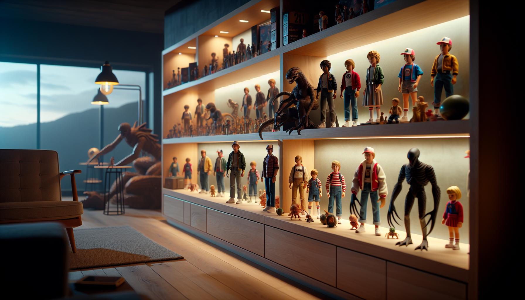 Snygg samlarhylla i skandinaviskt vardagsrum med 80-talsinspirerade sci-fi-figurer mot monster, ljus trähylla och diskret Robotto.se-skylt