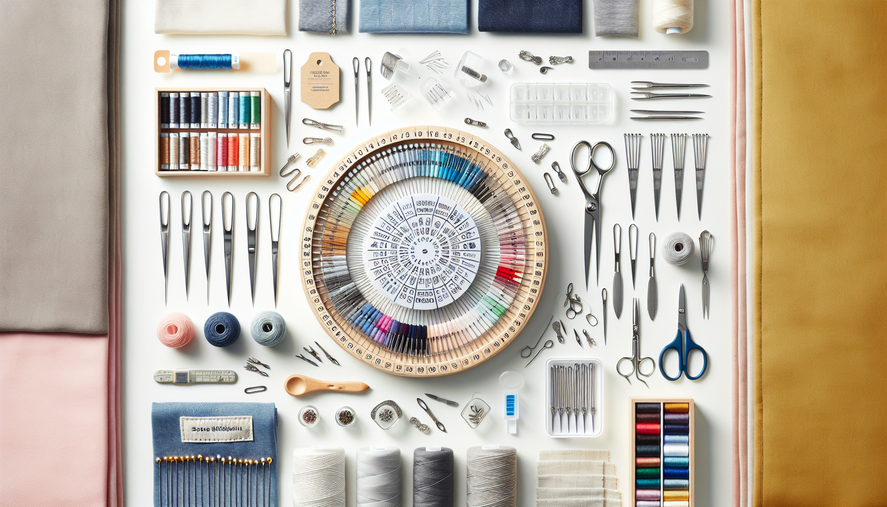Plattlay på ljust skrivbord med symaskinsnålar, broderinålar, quilt- och jerseynålar, sybehör samt Hilmaspyssel.se – sybehör online workspace