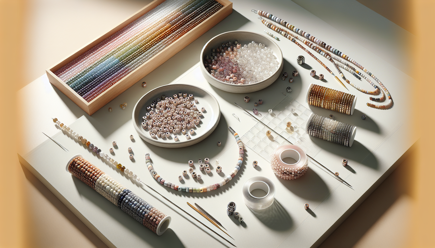 Makrofoto av TOHO Treasure cylinderpärlor på nordisk, minimalistisk smyckesarbetsplats med halvfärgat armband och nål i mjukt dagsljus.