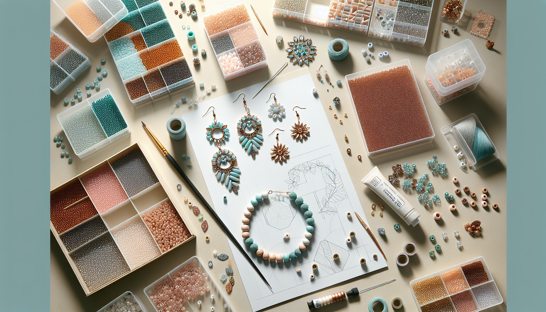 Skandinaviskt flatlay med Piros® Par Puca® pärlor, halvfärdiga beadwork‑örhängen och armband, perfekta för smyckestillverkning och DIY‑guide.