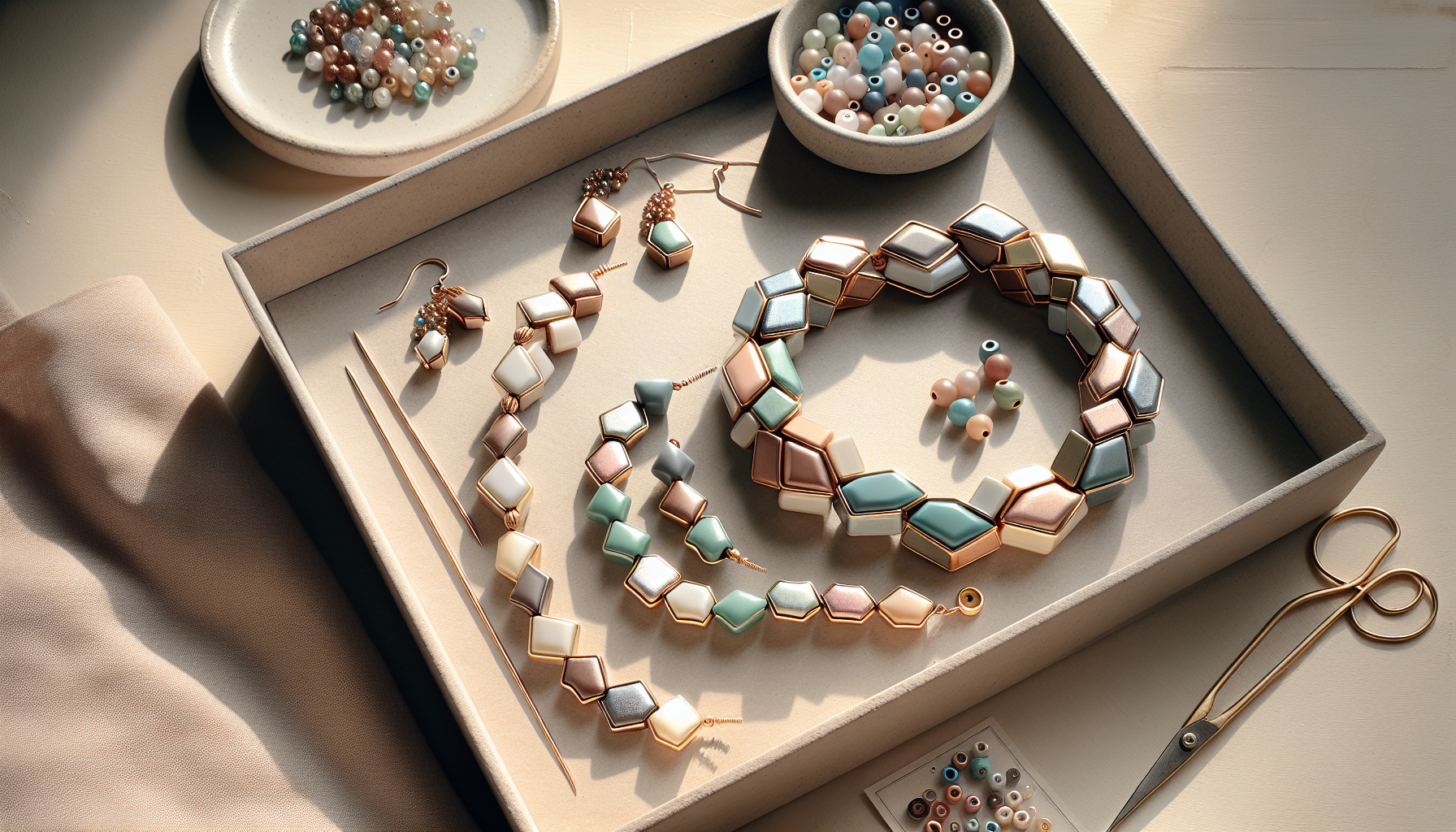 Handgjorda smycken med Ilos® Par Puca®-pärlor på ljus bakgrund, kreativ arbetsyta i bakgrunden, featured image för Hilmaspyssel.se-blogg