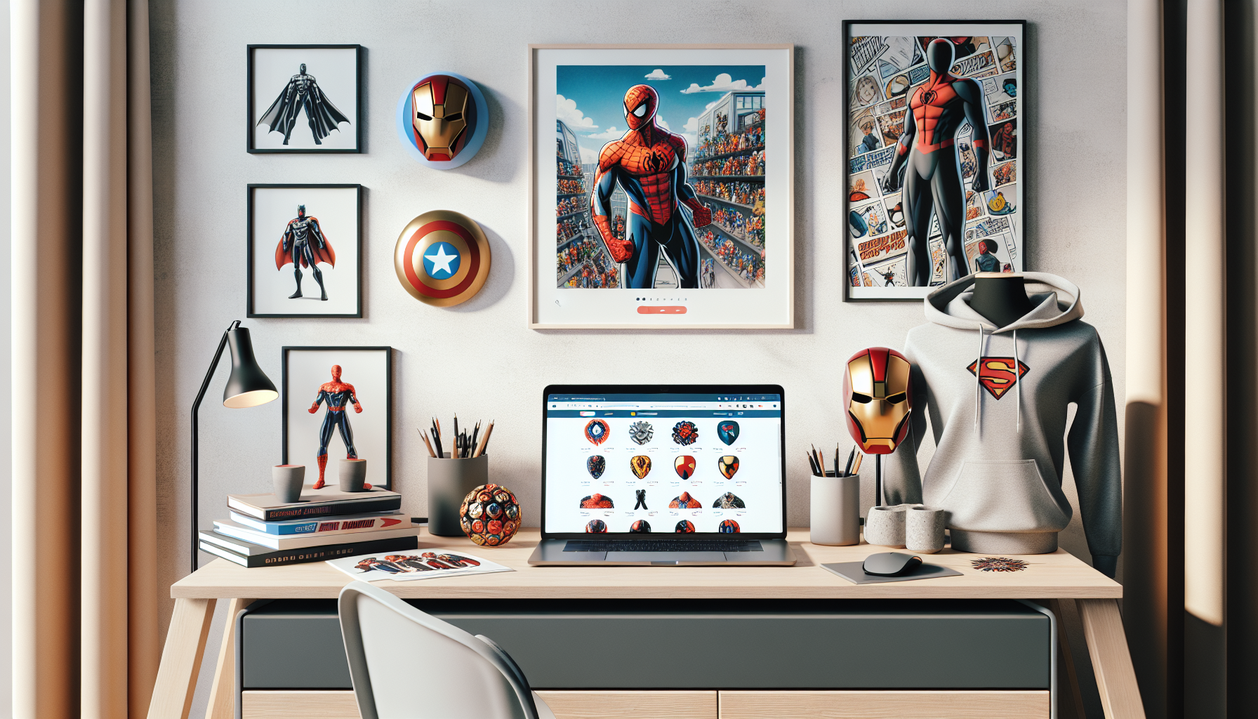 Skandinaviskt hemmakontor med laptop som visar superhjälte‑webbshop, omgiven av Marvel‑inspirerade figurer, poster och hoodie i nordisk inredning.