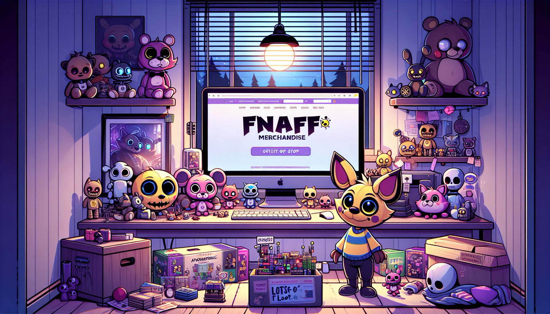 Skrivbord med FNAF‑inspirerade leksaker och samlarfigurer framför Lotsofloot.se med svensk FNAF‑merchandise online