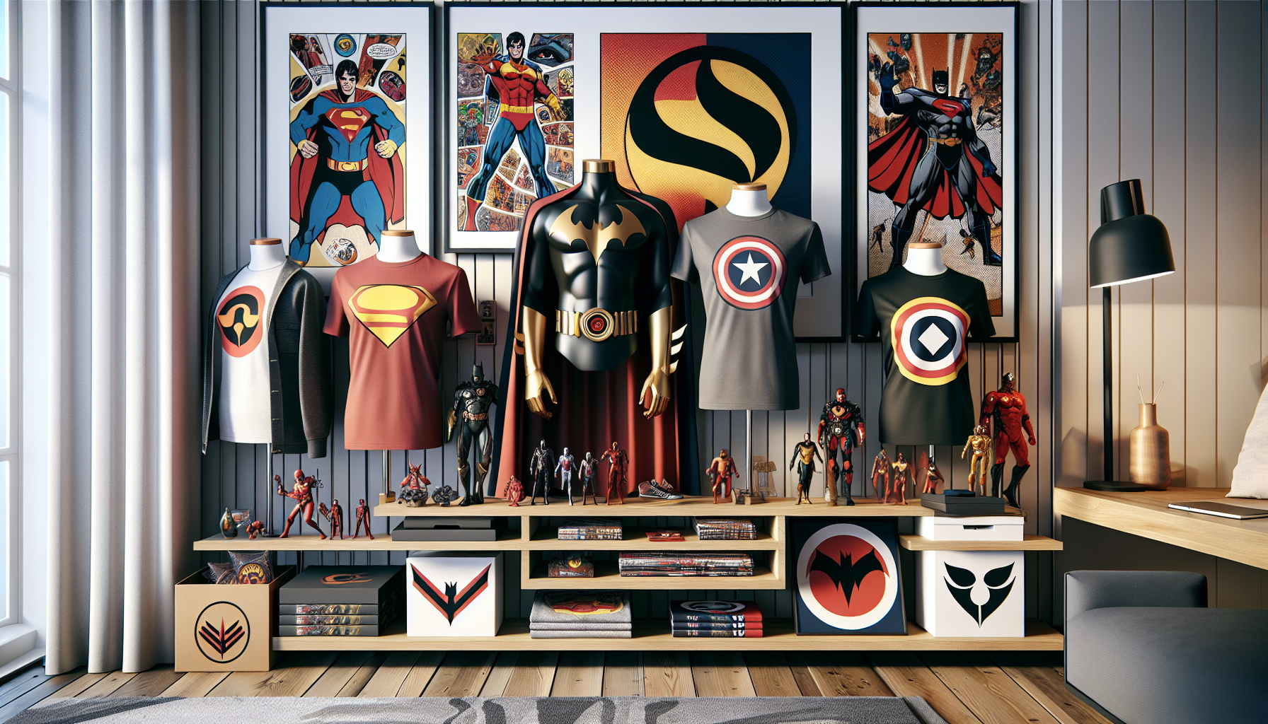 Stilren hylla med DC‑inspirerade samlarprylar i modern svensk lägenhet, bloggbild för guide om att köpa superhjälte‑merch i Sverige