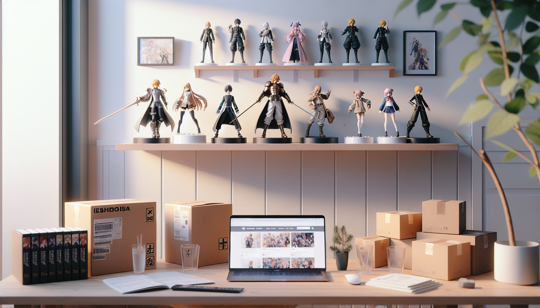 Stilren hylla med Jujutsu Kaisen-inspirerade animefigurer i svensk lägenhet, laptop öppen mot trygg lokal webbshop, skandinavisk inredning.