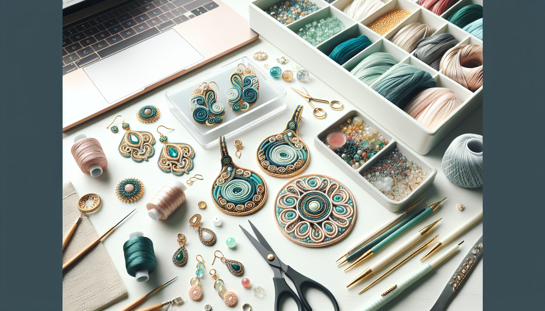Smyckesverkstad med handgjorda soutacheörhängen och hänge i teal och guld, omgiven av material och Hilmaspyssel.se‑tagg på nordisk bakgrund