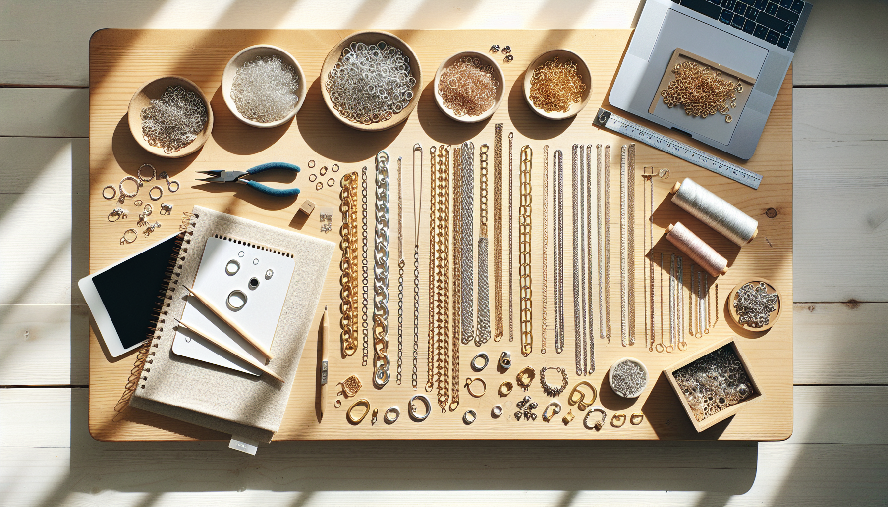 Flatlay DIY smyckestillverkning på ljust träbord med silverkedjor, guldkedjor, rostfritt stål, verktyg och skiss för halsband och armband