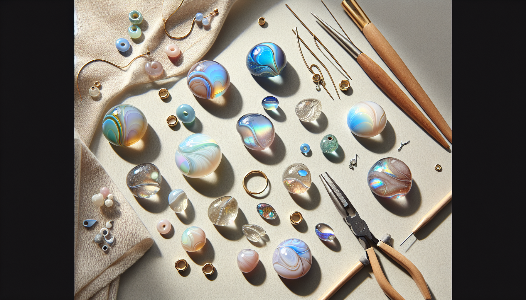 Flatlay med tjeckiska glaspärlor Baroque Cabochon, smyckesverktyg och påbörjade örhängen, skandinaviskt DIY-smyckeshantverk från Hilmaspyssel.se