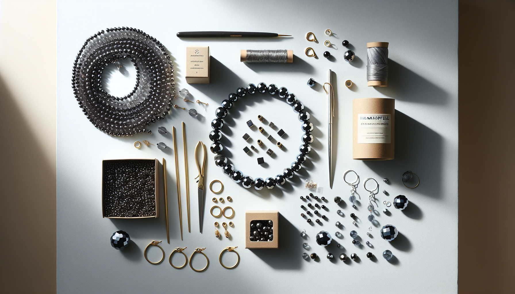 DIY-scen med hematitarmband och halsband på ljus bakgrund, smyckesverktyg och Hilmaspyssel.se-tag i skandinavisk minimalistisk stil