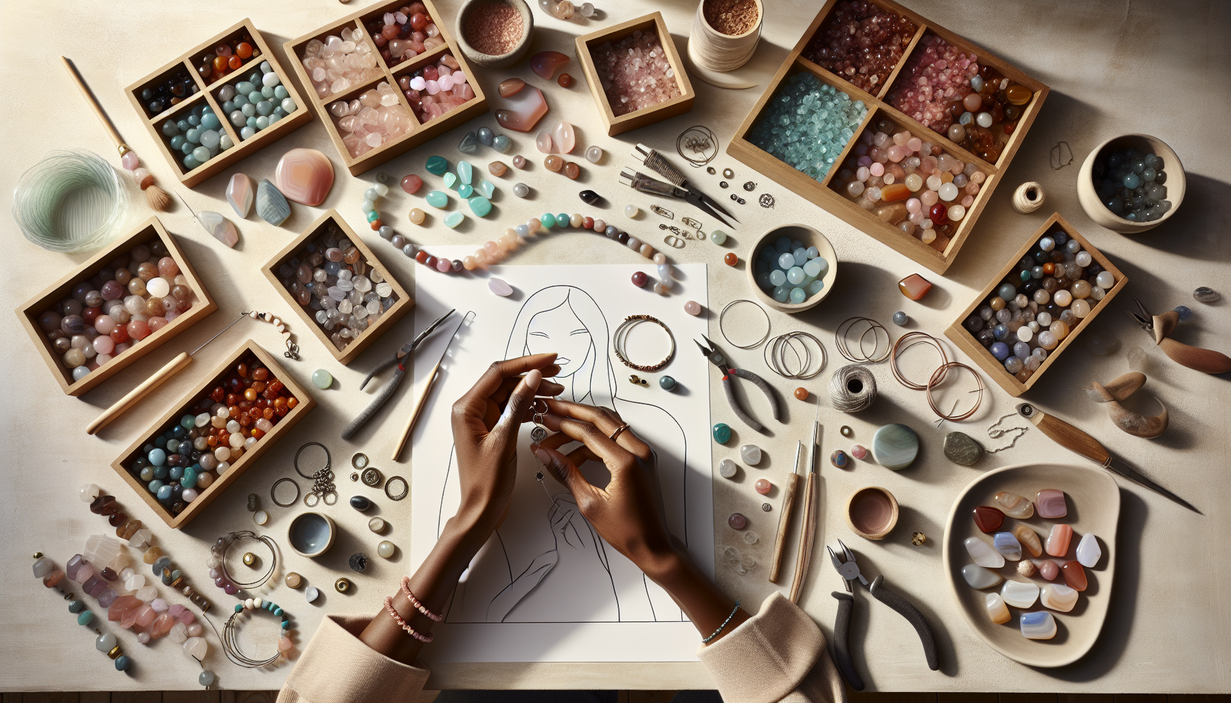 Kreativt smyckesbord med kvinnliga händer som trär armband av agatpärlor i mjuka färger, verktyg och brickor med ädelstensdelar i flatlay.