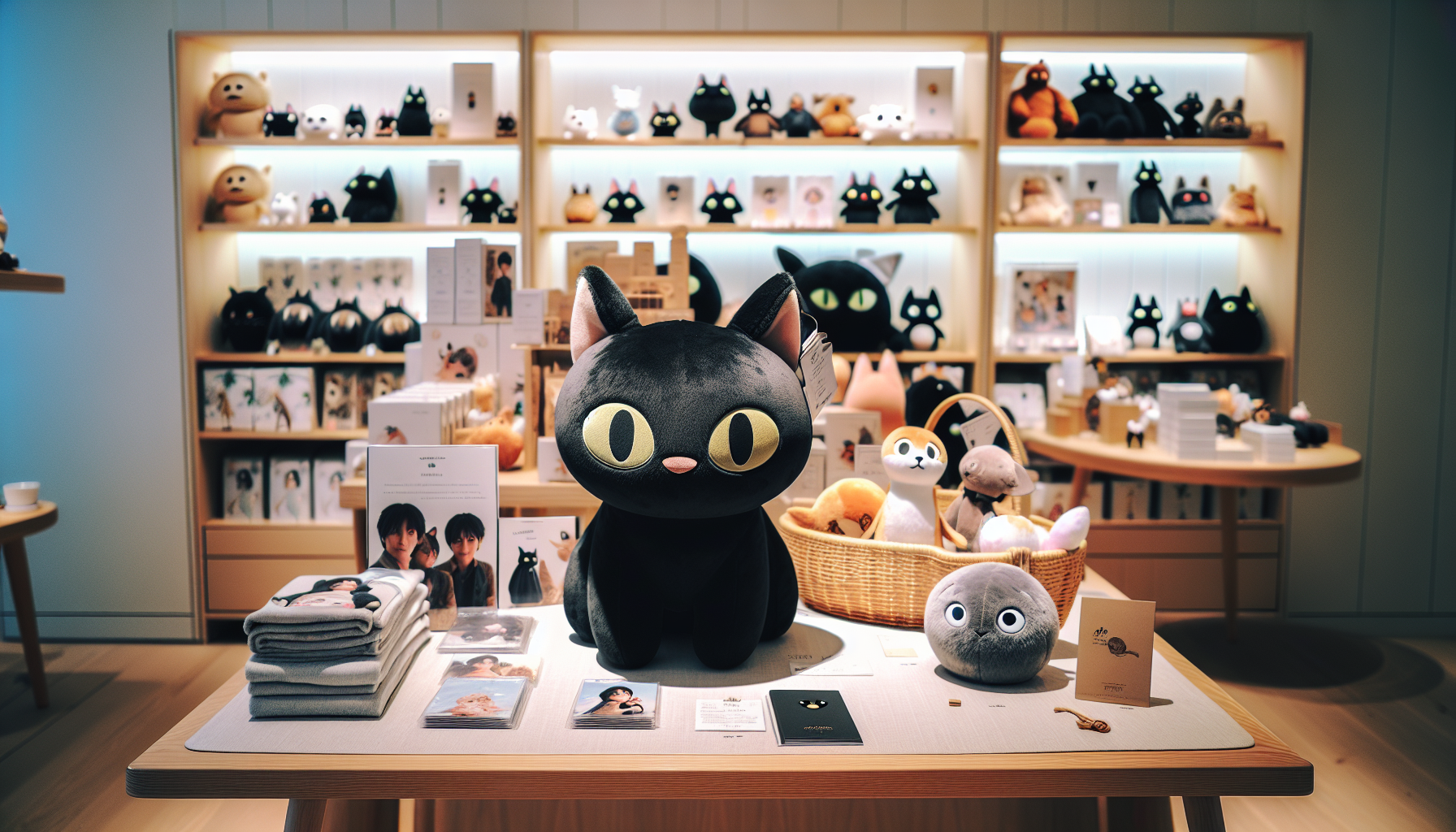 Mjukt Jiji-gosedjur från Kikis expressbud på nordisk samlarbutikshylla med officiella Studio Ghibli-gosedjur och anime‑merchandise