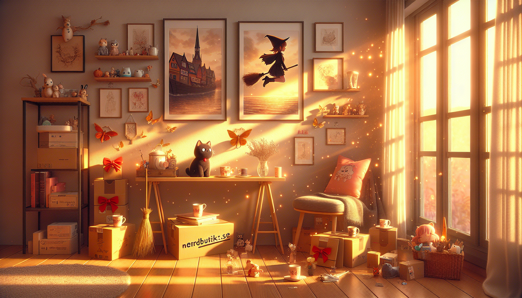 Mysig svensk vardagsrumshörna med anime‑inspirerat häxmerch, Kiki‑liknande svart katt, röda rosetter och Nerdbutiken.se‑paket i varmt kvällsljus