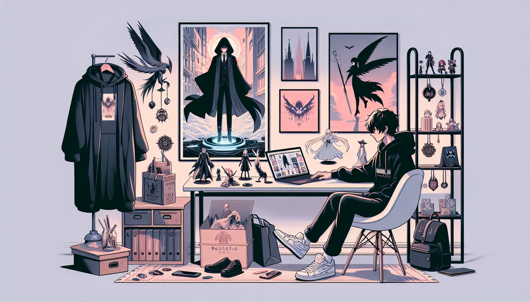 Svensk animefan shoppar Jujutsu Kaisen-inspirerad merch online i mysigt skandinaviskt vardagsrum med figurer, hoodies och posters.