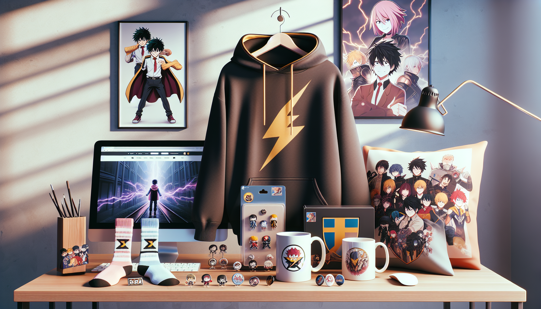 Illustration av My Hero Academia-inspirerad merch på skandinaviskt skrivbord i svensk nördshop: hoodie, muggar, sockor, pins och figurer