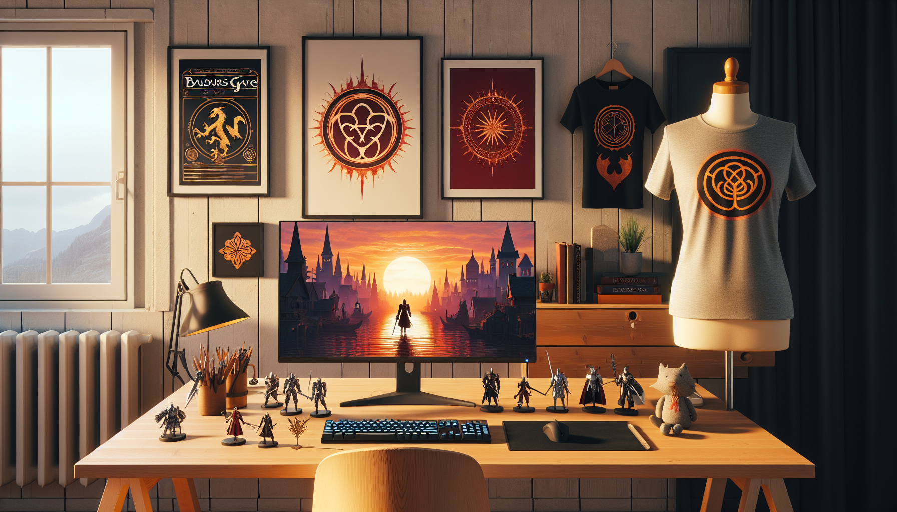 Svenskt gamerbord med fantasy‑RPG‑merch: figuriner, tärningar, posters och skärm i mysig nordisk inredning, perfekt för Baldur’s Gate‑fans
