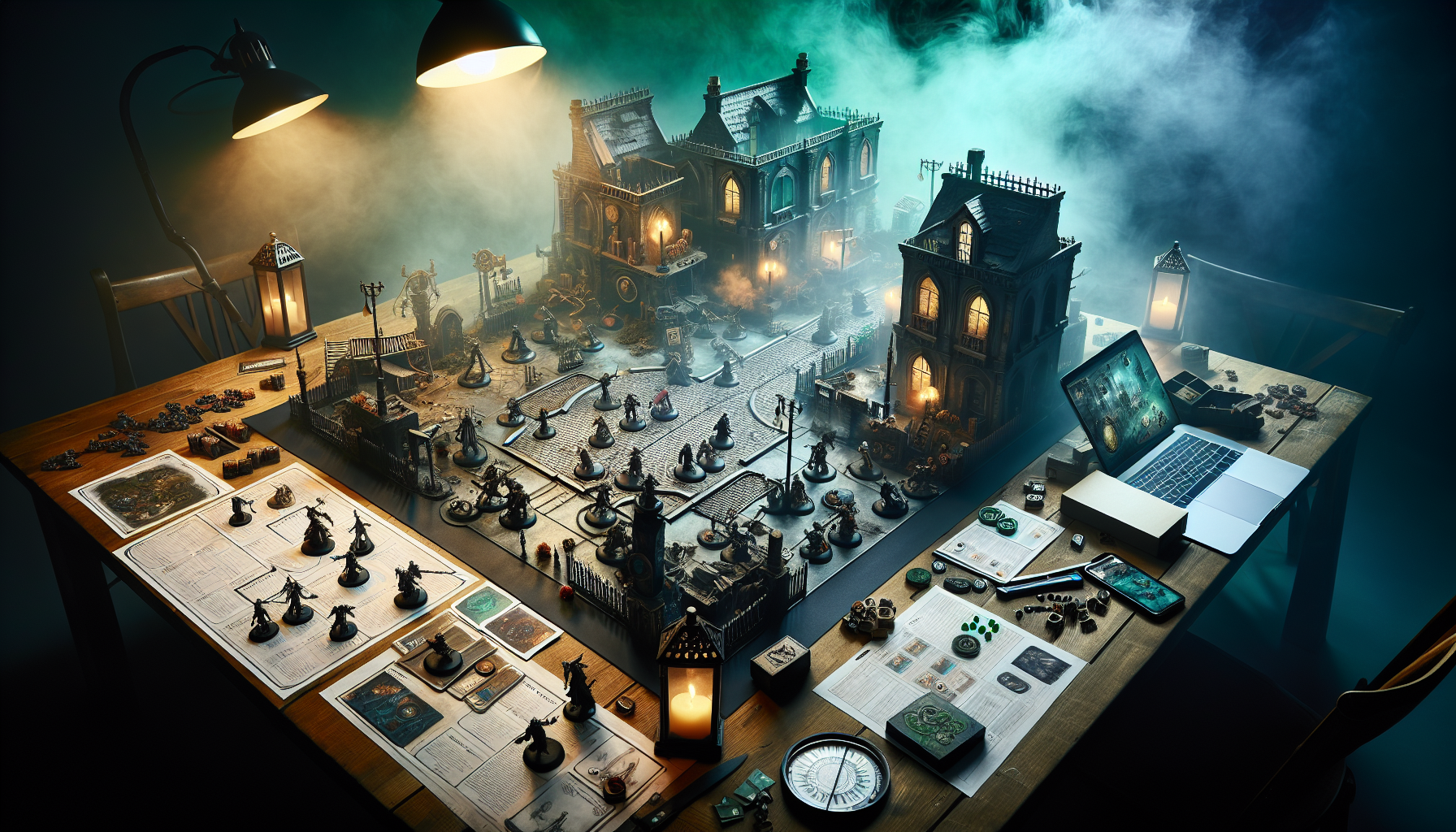 Malifaux‑liknande skirmishbord på träyta med detaljerade miniatyrer, Gamedungeon.se i laptop, svenska lappar “Fraktioner”, “Starta här”