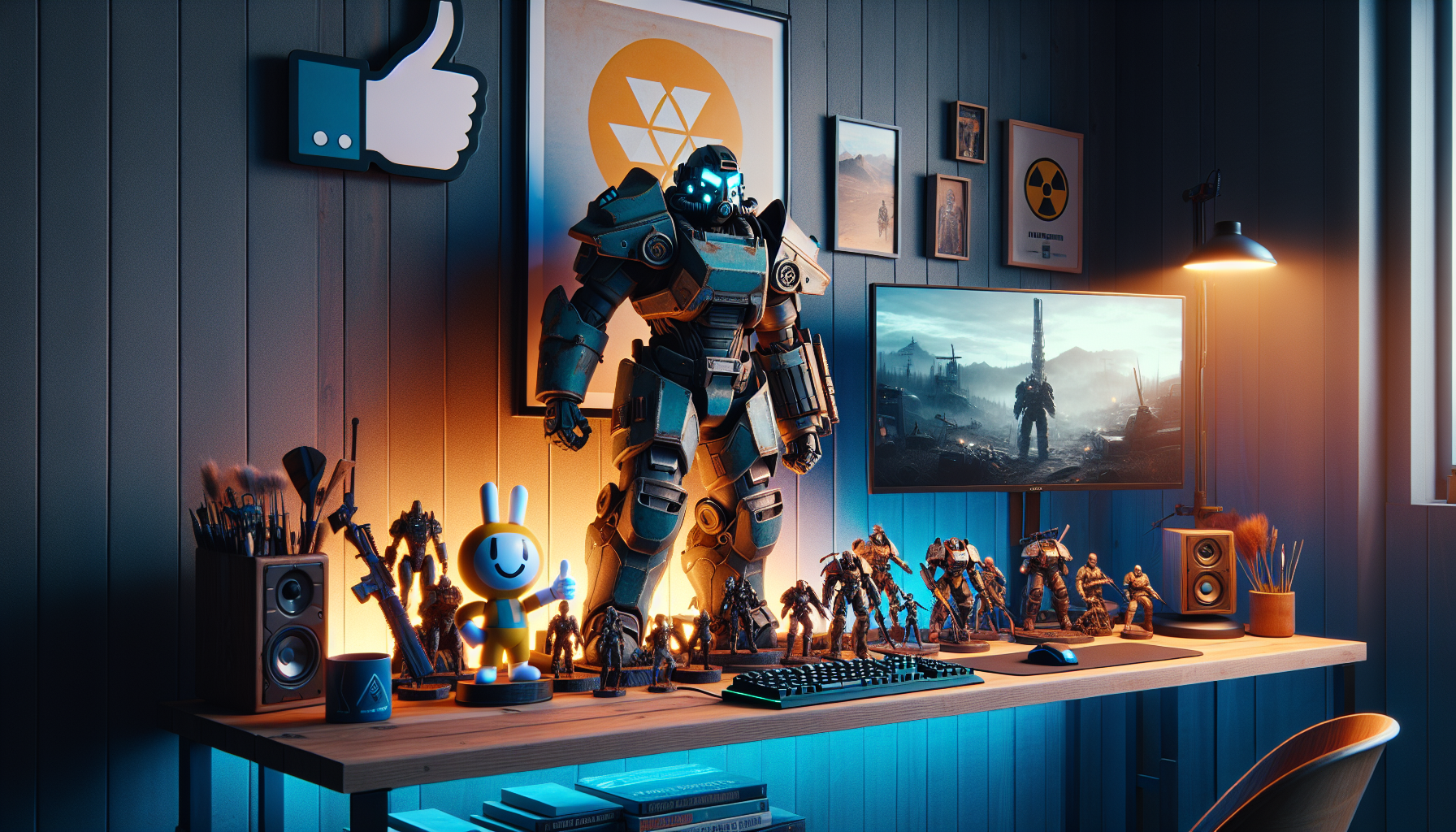 Svensk gaminghörna med premium Fallout-inspirerade samlarfigurer, kraftigt power armor, Vault Boy-lik maskot, RGB-belysning och ultrabred skärm