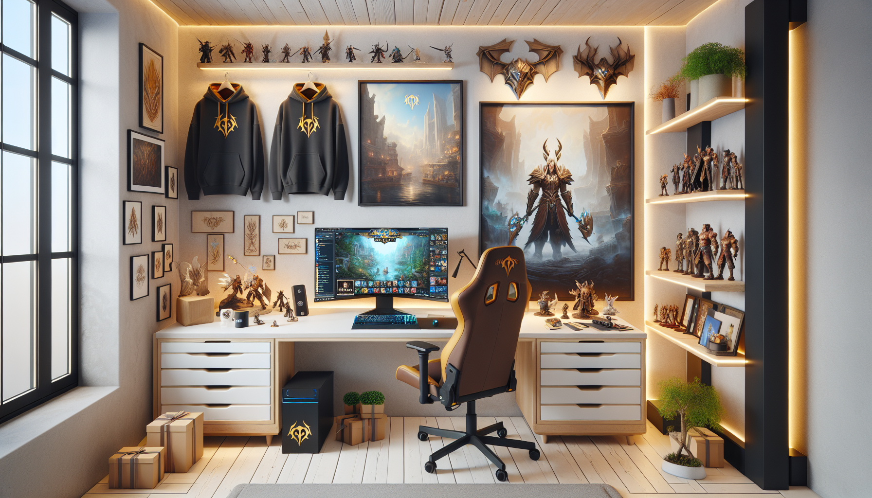 Svenskt gaminghörn med World of Warcraft‑inspirerad merch från Nerdbutiken.se – hoodies, figurer, posters och presentaskar i mysig miljö