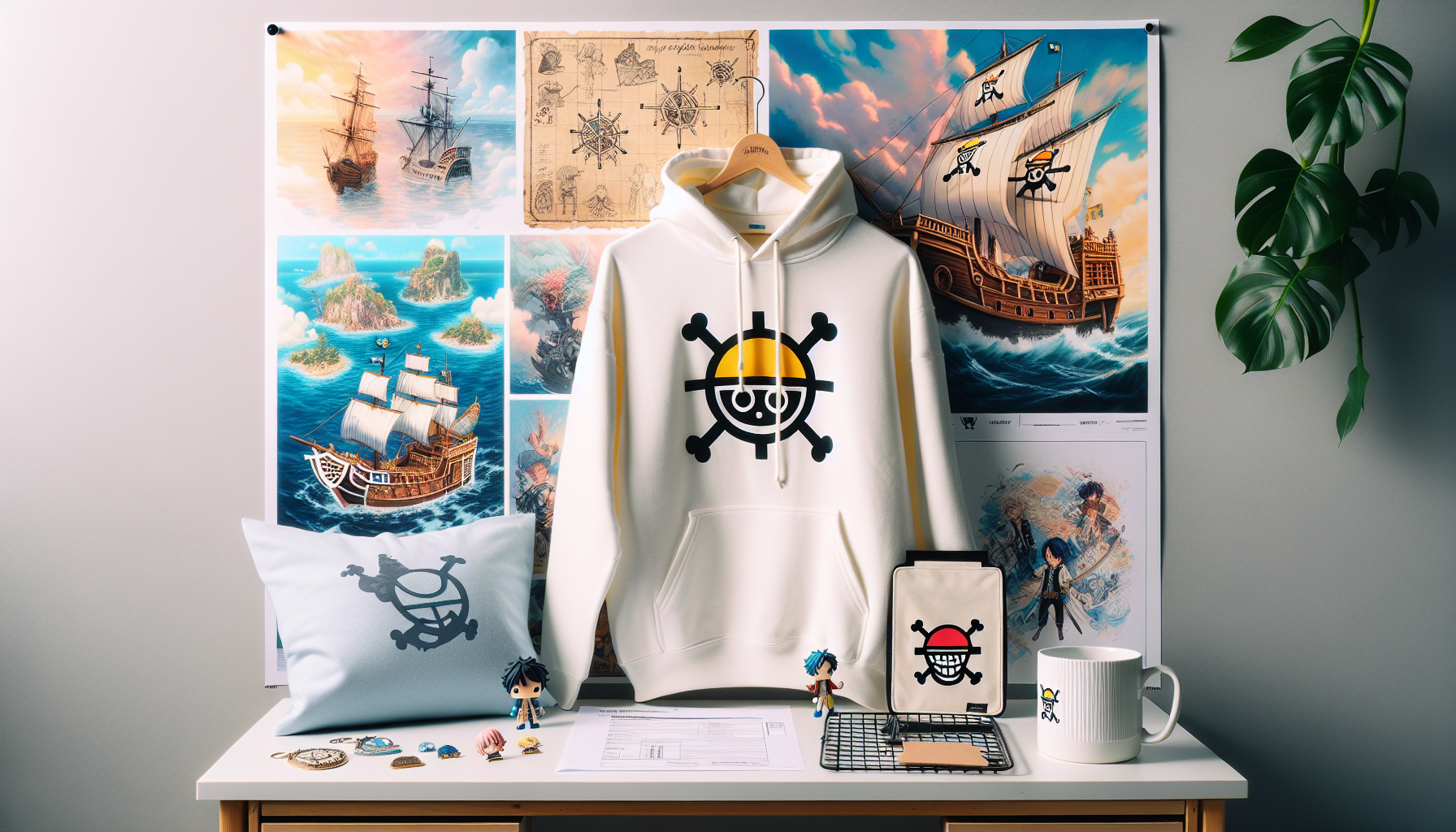 Flatlay med anime‑piratinspirerade kläder, figurer och posters från Runns.se, svensk webshop med One Piece‑liknande merch.