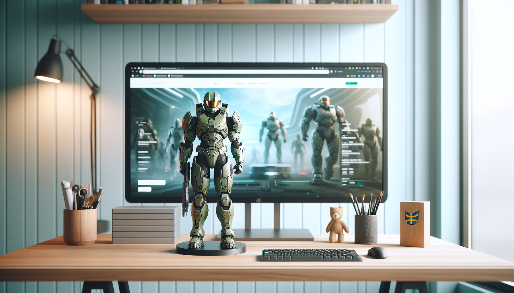 Samlarhörna med Halo‑inspirerade sci‑fi actionfigurer på stilren svensk gaming‑setup med LED‑belysning, träskrivbord och liten svensk flagga