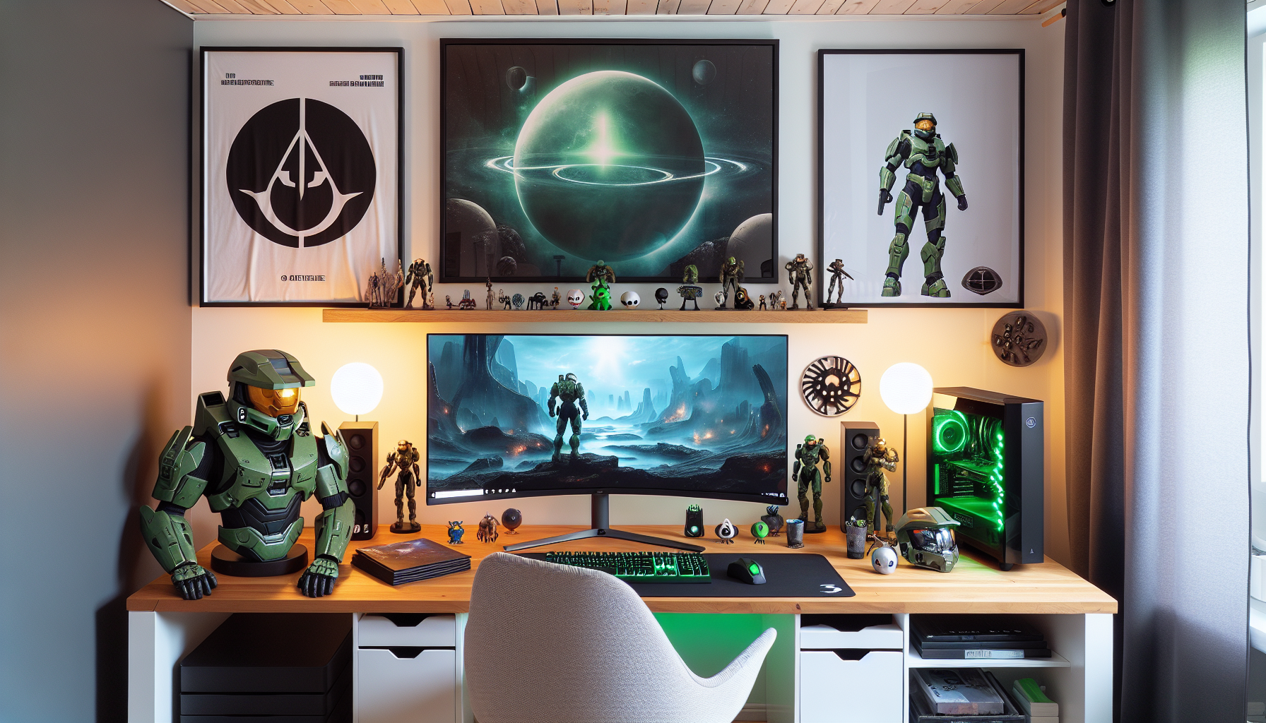 Snygg svensk gaminghörna med Halo‑inspirerad merch, ultrabred skärm, sci‑fi prydnader och paket från lokal nördbutik online.