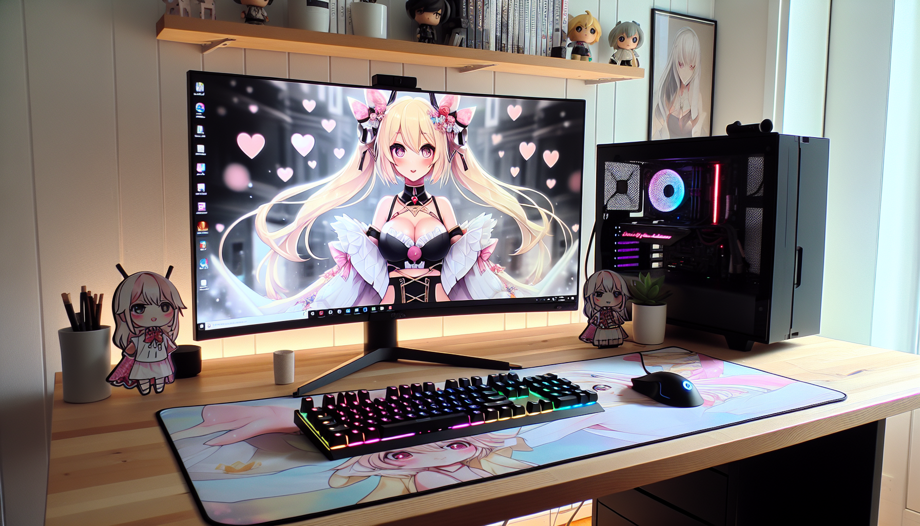 Modern nordisk gaminghörna med RGB-tangentbord och stor färgstark anime-musmatta med original cosplayhjältinna i pastellfärger.