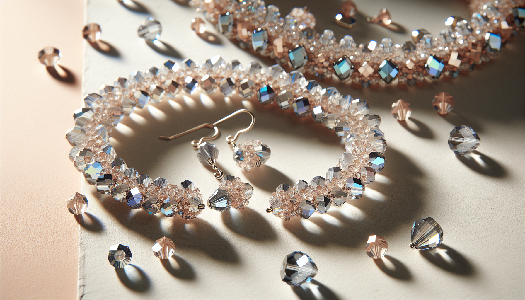 Närbild på armband och örhängen i Primero Crystals 5328 bicone, lyxigt gnistrande pärlor i mjuka pastellfärger på ljus bakgrund.