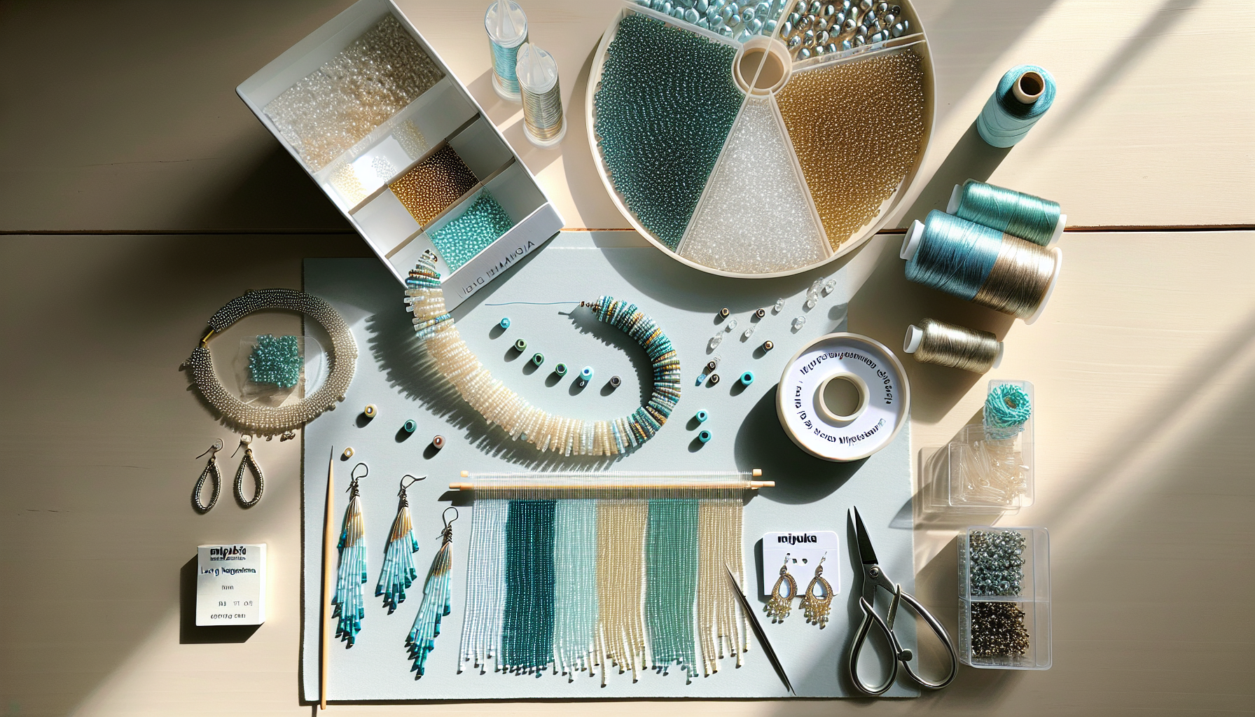 Plattlay med Miyuki Long Magatama-pärlor, kumihimoarmband, örhängen och tråd på ljus skandinavisk pysselbänk, fokus på droppform och lyster