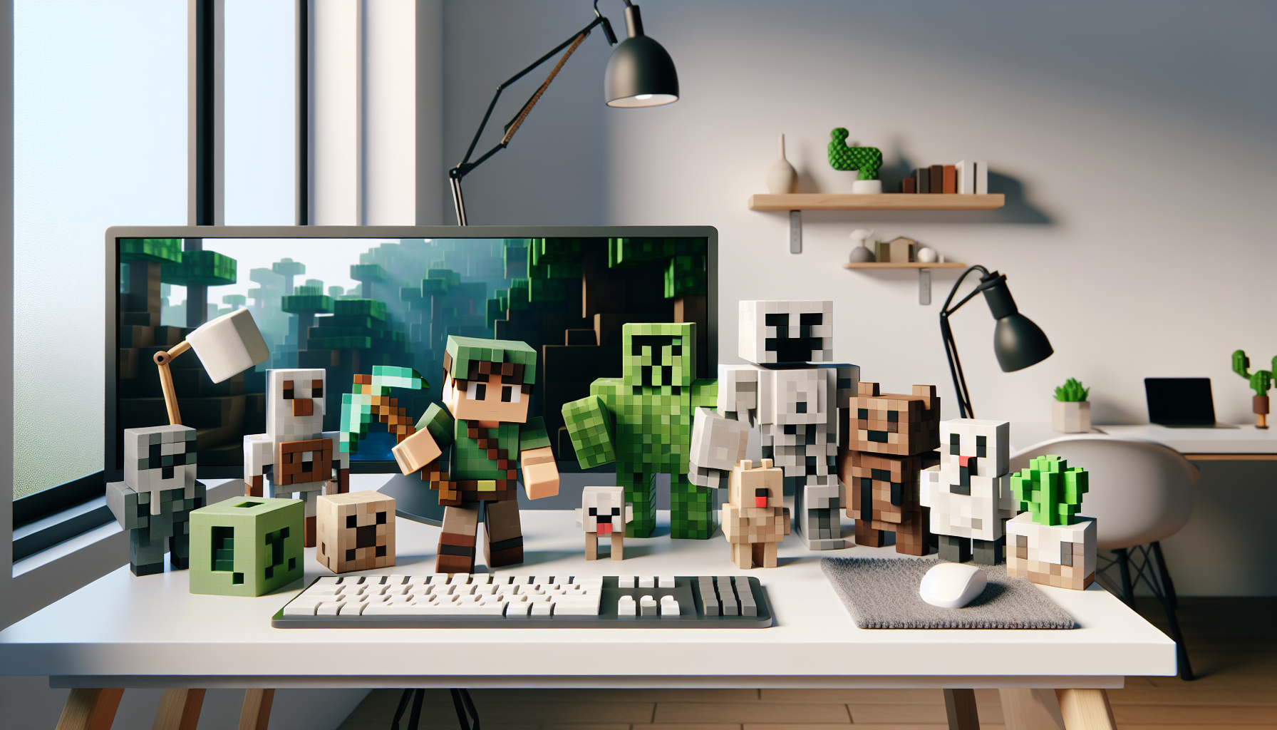 Blockiga Minecraft‑inspirerade figurer på vit skrivbordsmiljö med gaming‑hörna, svensk inredning och e‑handelstil för nörd- och gamershop
