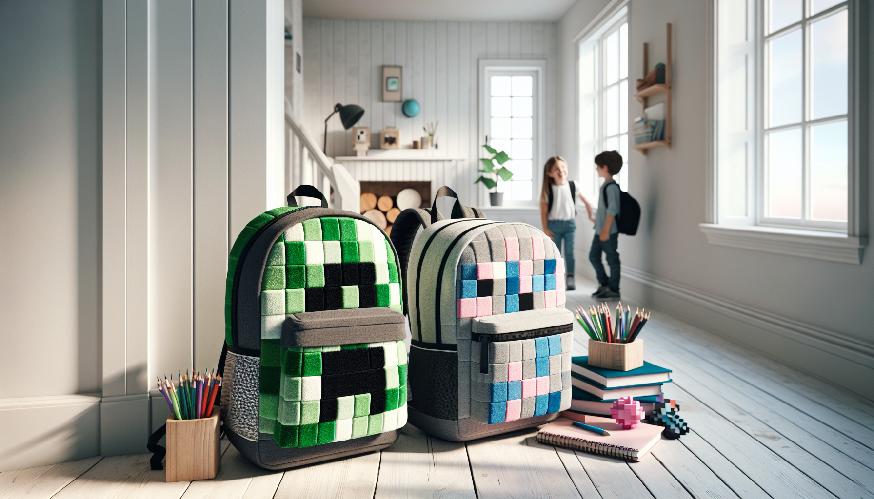 Minecraft‑inspirerade skolryggsäckar i svensk hall med barn och förälder, kvalitetsdetaljer, skolmaterial och gamingtillbehör i ljus nordisk stil
