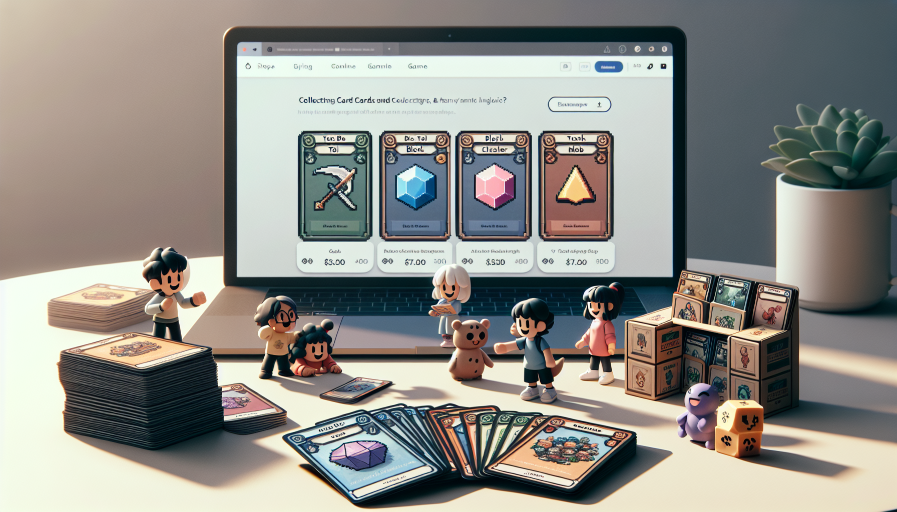 Bannerbild med Minecraft-inspirerade spelkort på skrivbord, familj som spelar, laptop med svensk e-handel för kortlekar i modern nordisk stil.