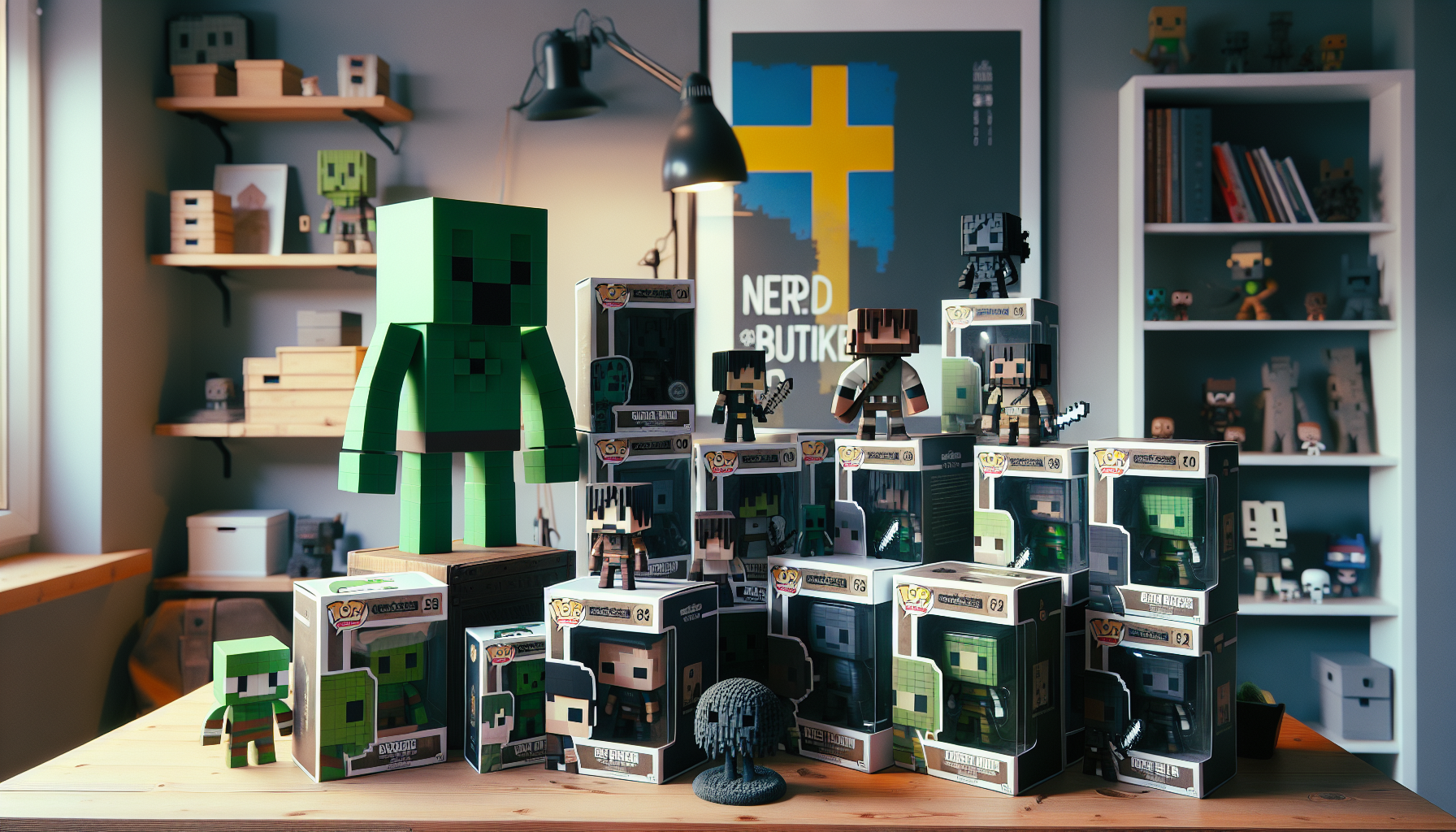 Snygg 3D-bild på Minecraft‑inspirerade Funko POP‑figurer i samling på skrivbord, svensk flagga och poster med Nerdbutiken.se i bakgrunden