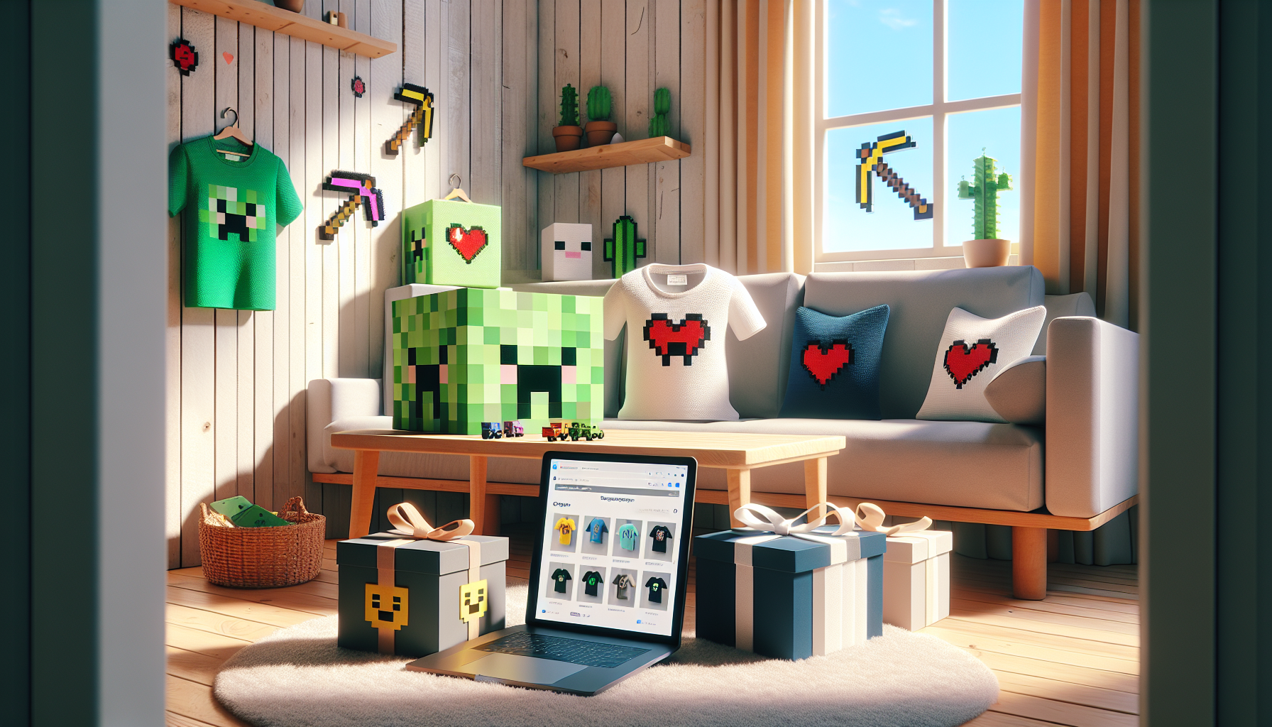Ljust skandinaviskt vardagsrum med Minecraft-inspirerade tröjor, laptop med svensk webbutik, gamingheadset och presentlåda på ljust träbord