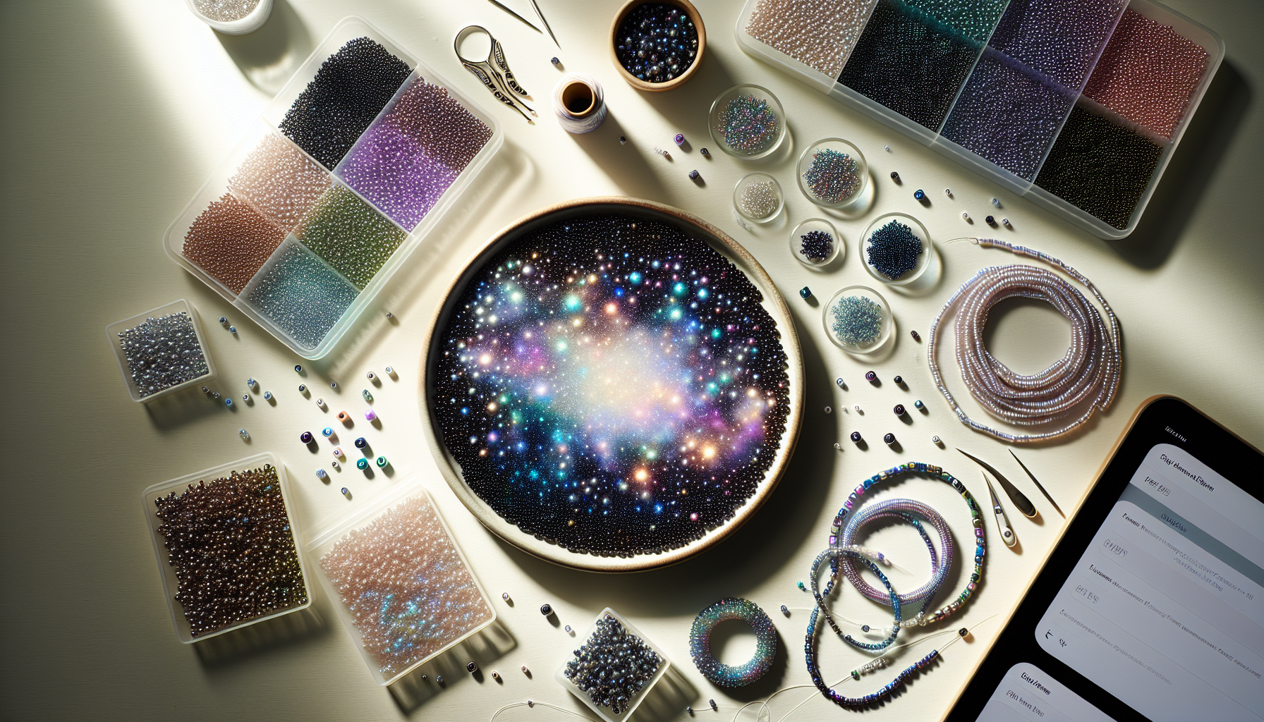 Plattlayad smyckesverkstad med Miyuki Galaxy Beads i galaxfärger, armband och örhängen på ljus, minimalistisk skandinavisk bakgrund.