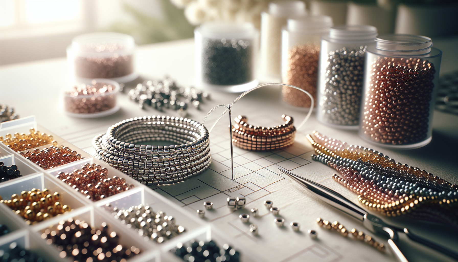 Makrofoto av Miyuki distanspärlor 2,2x1 mm i guld, silver, roséguld, hematit på vit arbetsyta, tunn tråd och nål, skandinaviskt smyckeshantverk