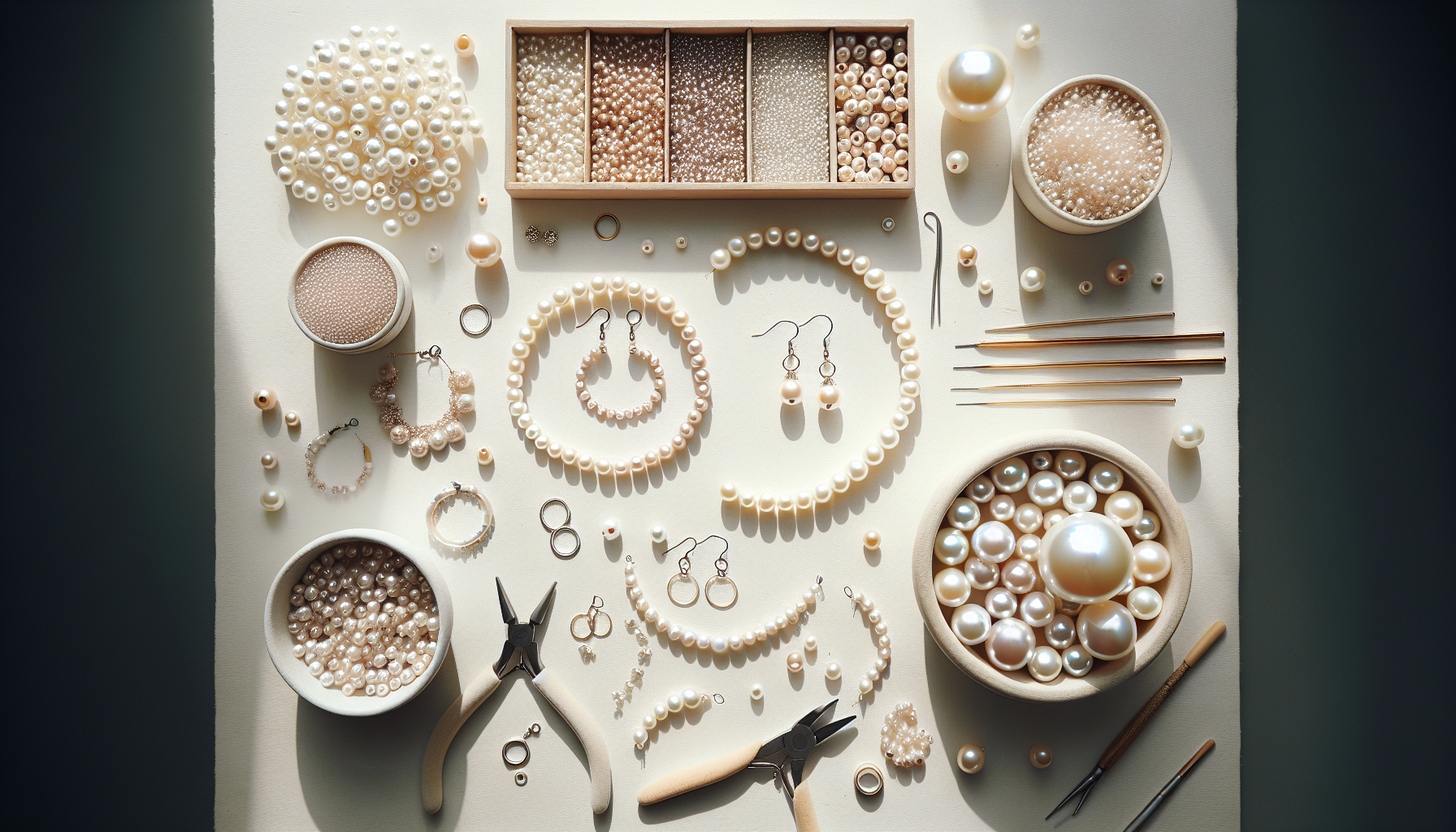 Lyxigt flatlay med Miyuki Cotton Pearl-smycken och pärlor, DIY-smyckestillverkning i skandinavisk stil på vit bakgrund för Hilmaspyssel.se