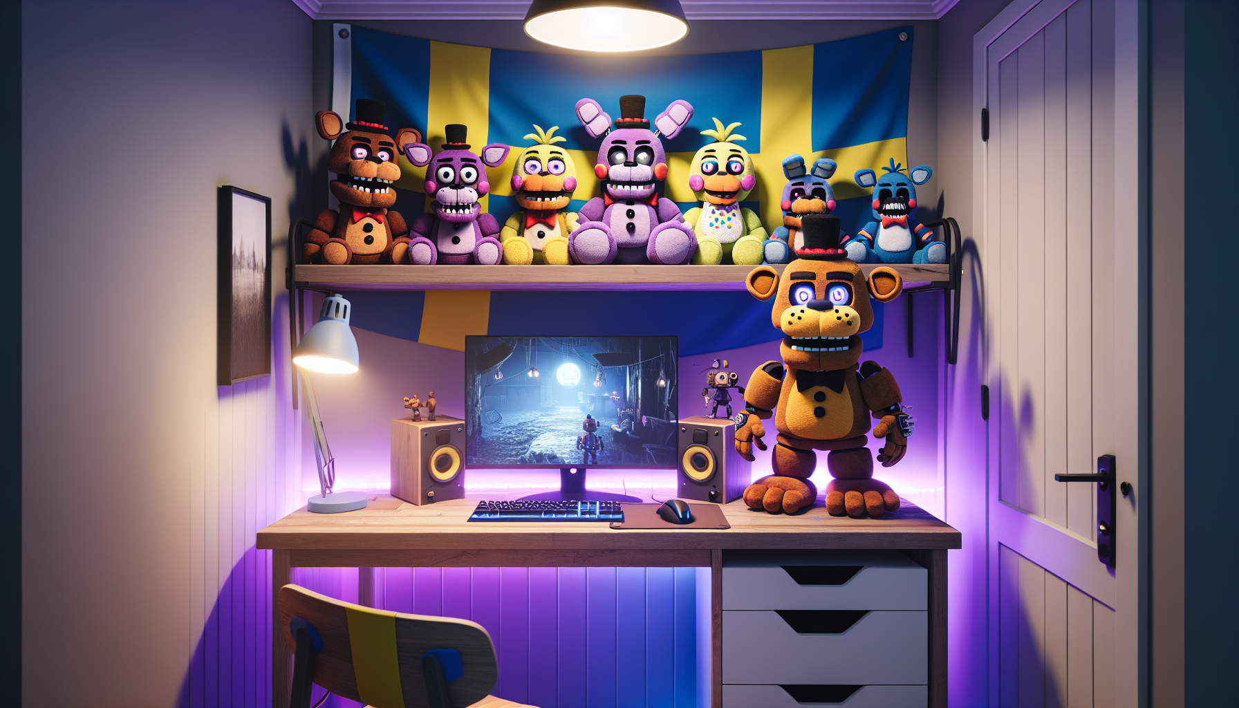 Mysig svensk gaminghörna med FNAF‑inspirerade animatroniska gosedjur på hylla, samlarfigurer och LED‑ljus, bloggheader om plushies i Sverige