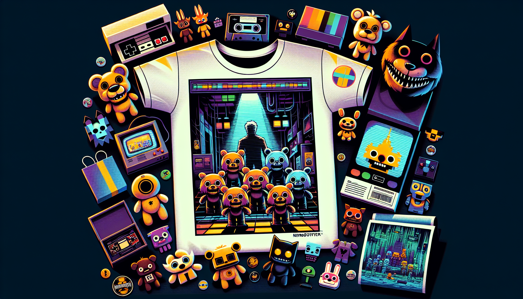 Stilren flatlay av FNAF‑merch: T‑shirt, plushies, figurer, poster och accessoarer på mörkt skrivbord, med Nerdbutiken.se‑låda och svensk flagga