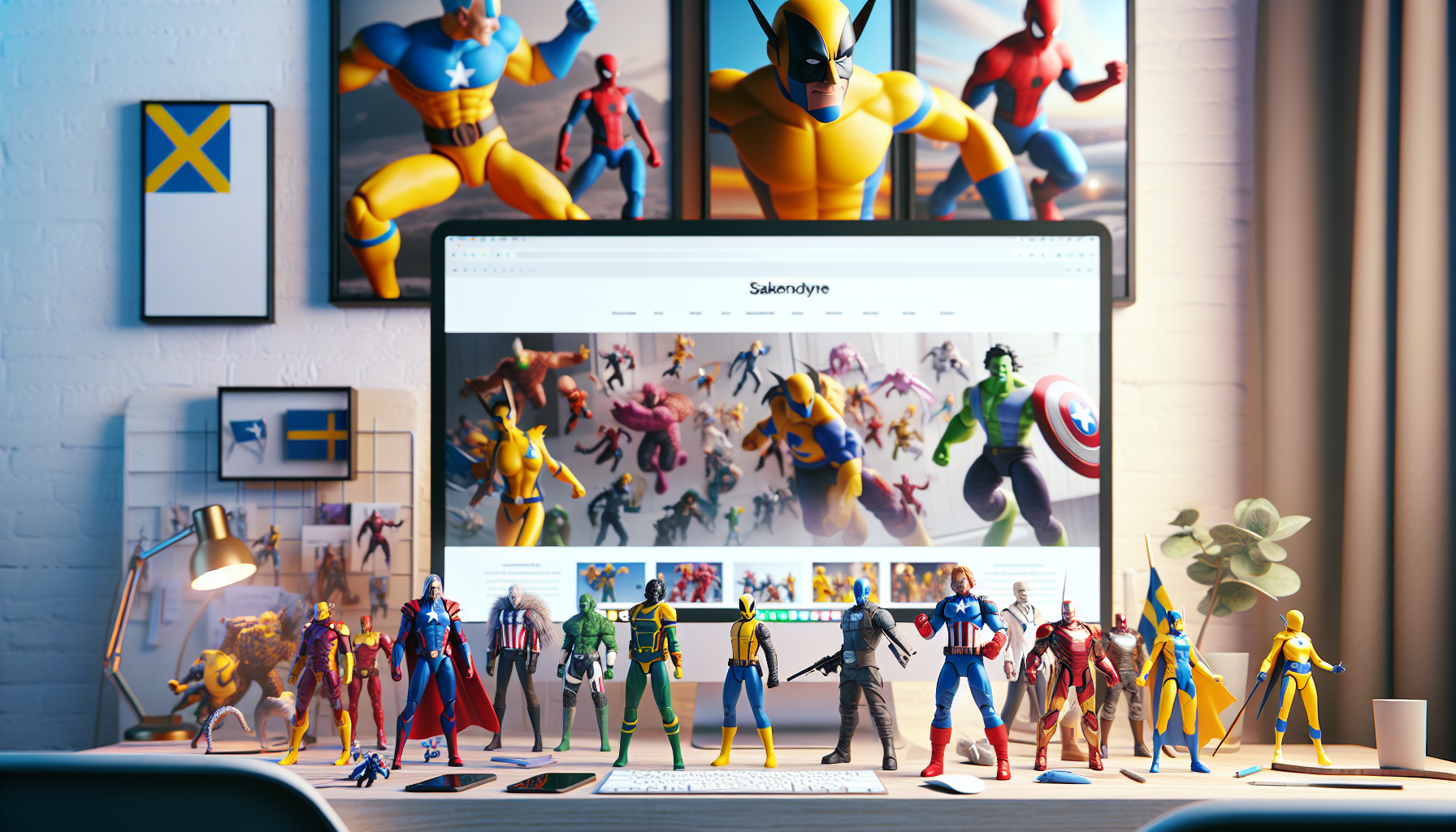 Samlarhylla med färgglada mutantliknande actionfigurer framför Robotto.se på skärm – svensk guide till X‑Men‑inspirerade samlarfigurer online