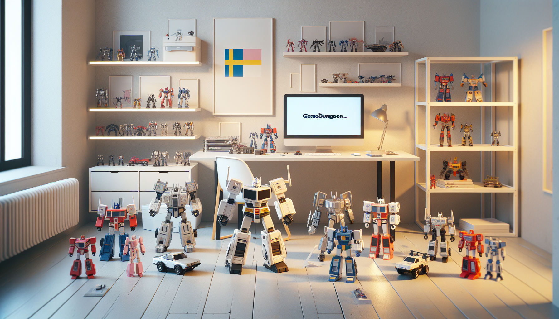 Skandinavisk produktbild av samlarfigurer: detaljerade transformerande robotleksaker på vit skrivbordsyta hos svenska webbutiken Gamedungeon.se