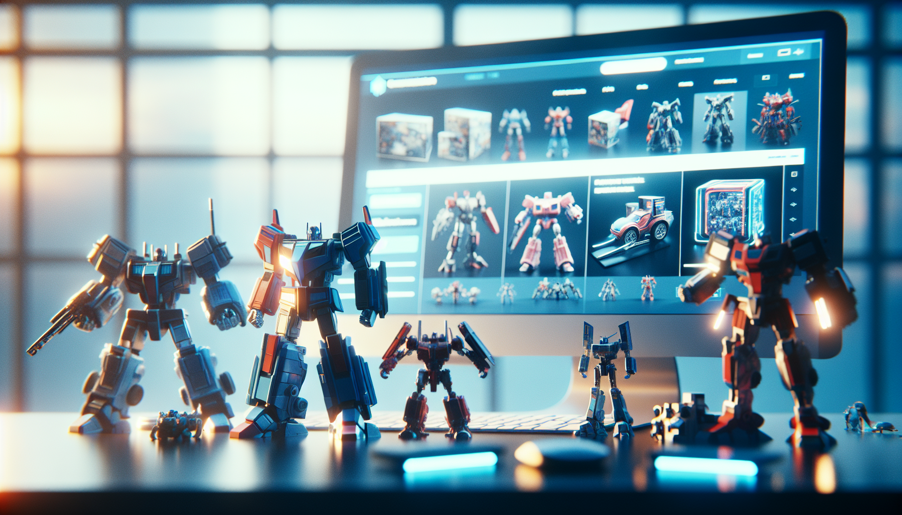 Illustration av futuristiska robotfigurer och samlarleksaker på skrivbord, dator med Gamedungeon.se och svensk flagga, trygg shopping i Sverige