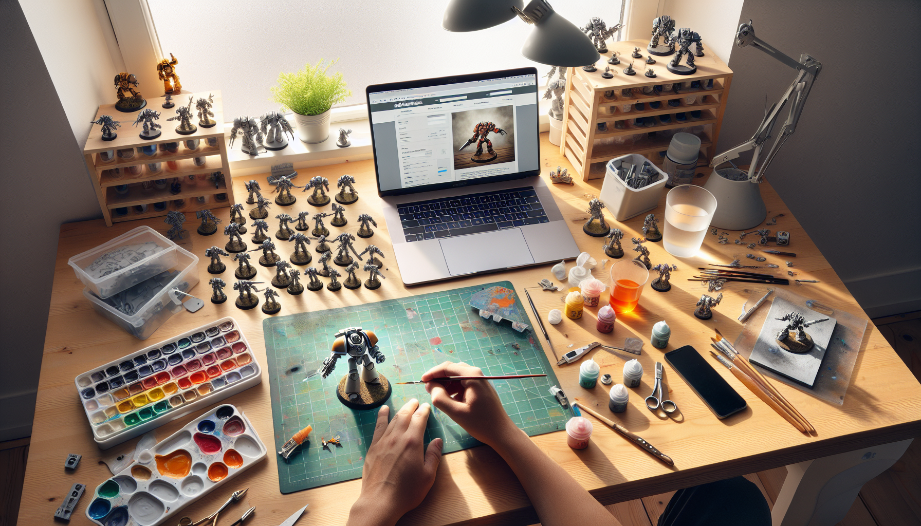 Svensk hobbyhörna: händer målar sci-fi-miniatyr vid träskrivbord med färger, verktyg och laptop öppen mot Nerdbutiken.se.