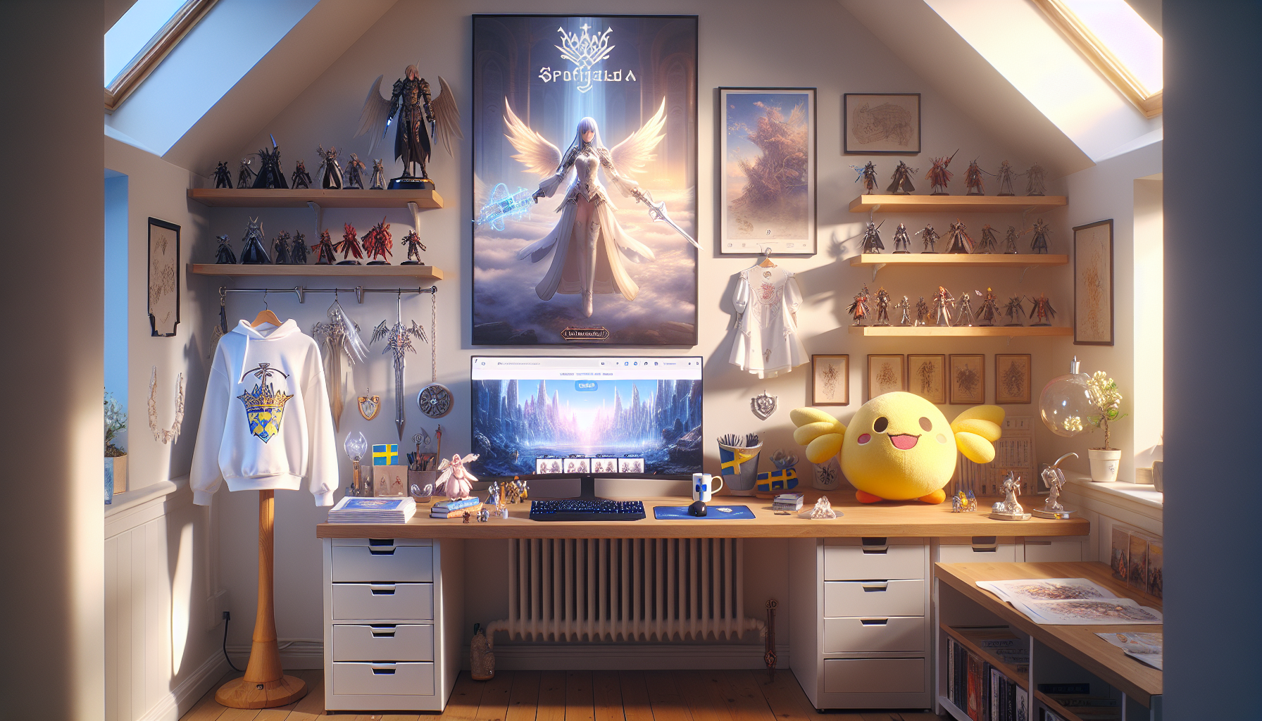 Cinematisk hero-bild: svensk webshop med officiell Final Fantasy‑inspirerad merch i mysigt gaminghörn, figuriner, plushies, posters, blå‑gula detaljer