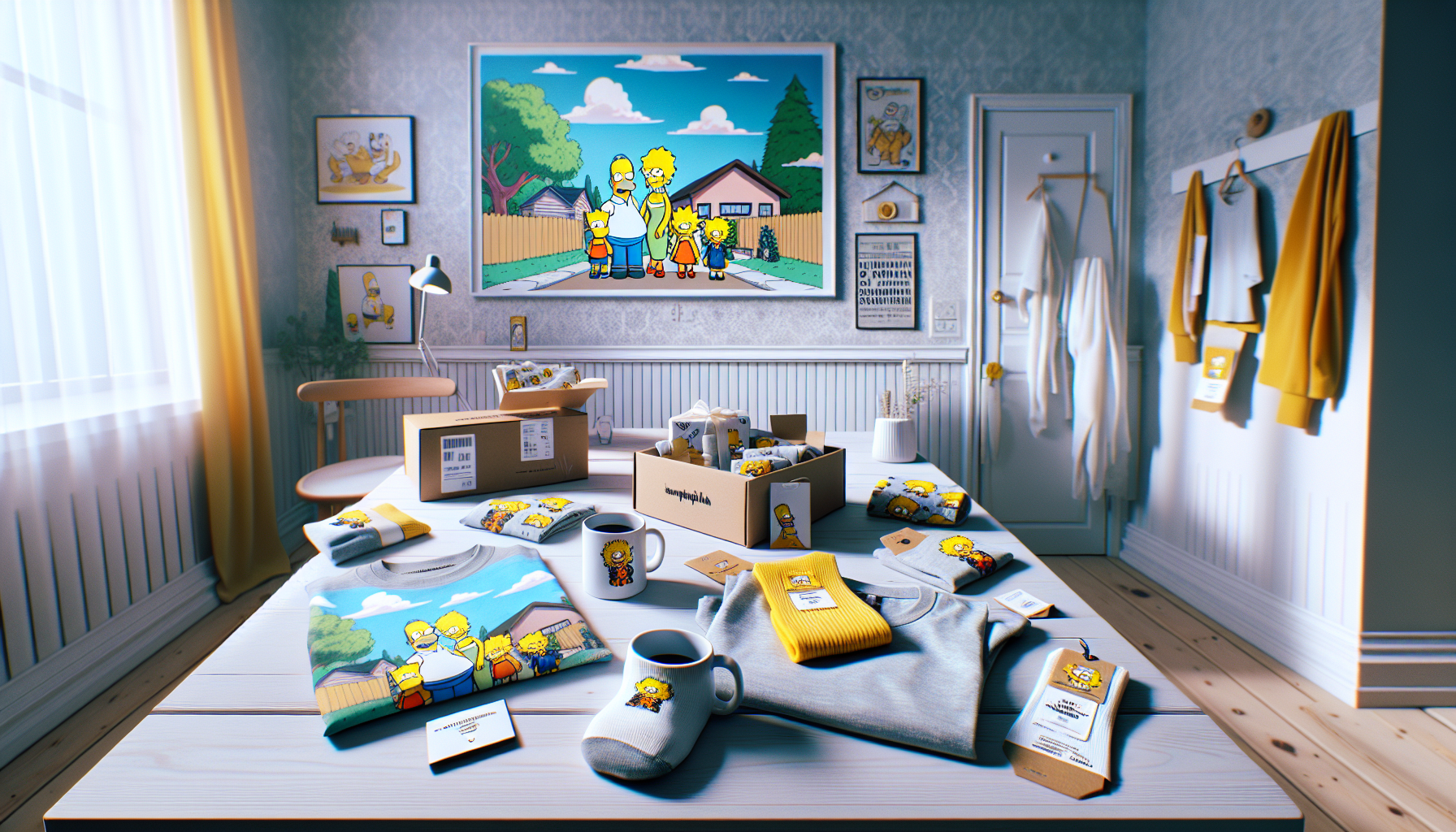 Hero-bild för Runns.se med rolig gul familjeparodi-merch: mugg, T-shirt, strumpor, presentask och poster i ljus skandinavisk inredning