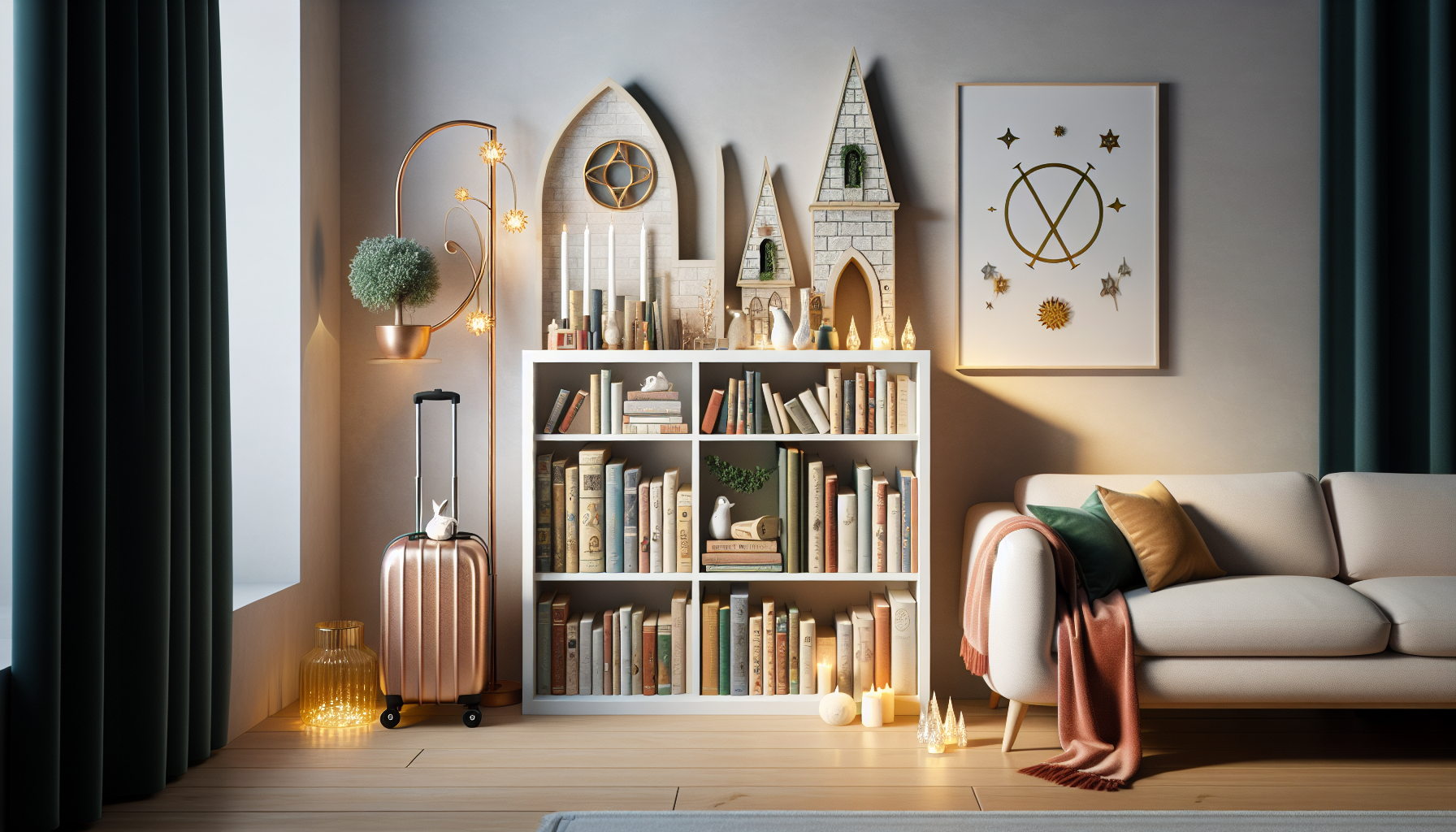 Skandinavisk vardagsrumshylla med magiska bokstöd, fantasyböcker, varma lampor och subtila elevhemfärger i stilren, mysig inredning