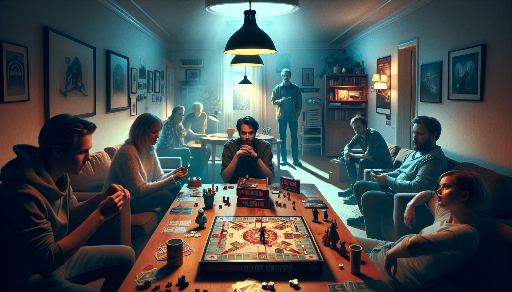 Ungdomar spelar skräckbrädspel i mörkt svenskt vardagsrum, inspirerat av Five Nights-liknande pizzarestaurang, nervös och spännande stämning.