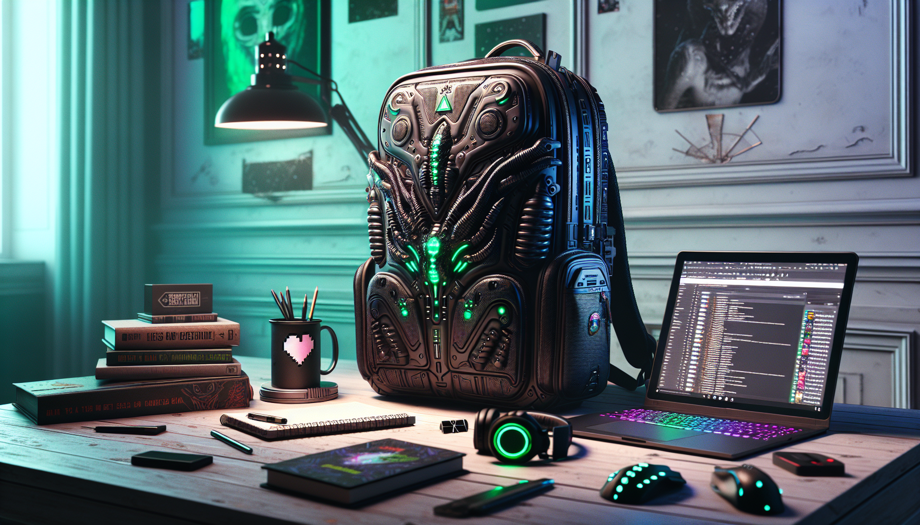 Sci‑fi inspirerad gamingryggsäck på skrivbord med laptop, hörlurar och Comic Con‑badge i stilren nordisk miljö för Nerdbutiken.se